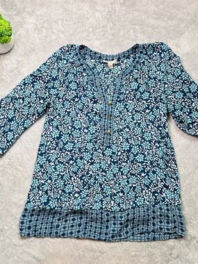 🌊 Coastal Boho Floral Tunic Banana Republic Blue Aqua Peasant Blouse XS
